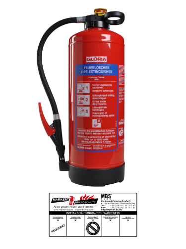 Gloria WH9 Pro 9l Wasser Feuerlöscher inkl. Halterung und Plakette